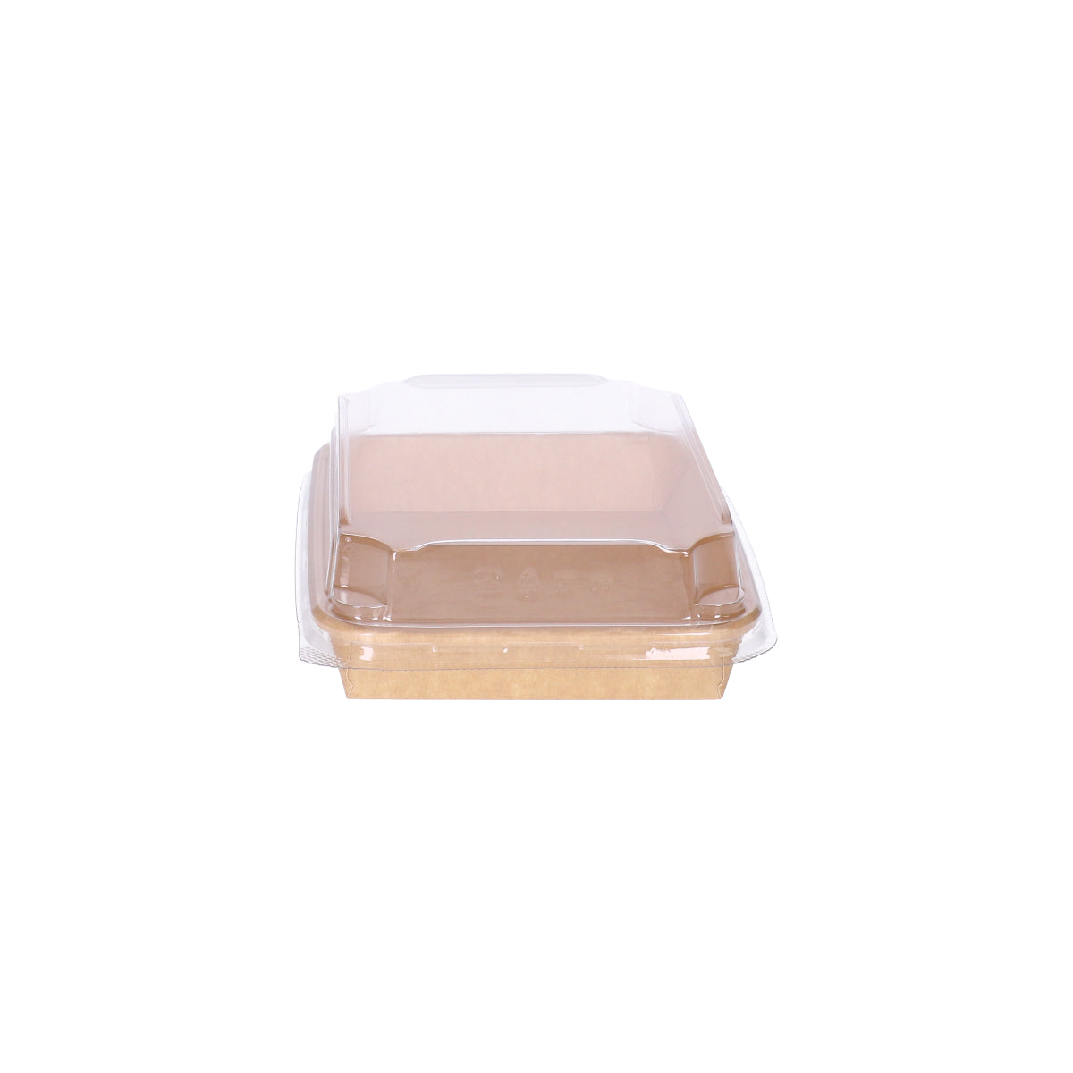 Kraft paper sushi tray HP-05 with clear plastic lid, straight side view showing profile of kraft tray and lid combination