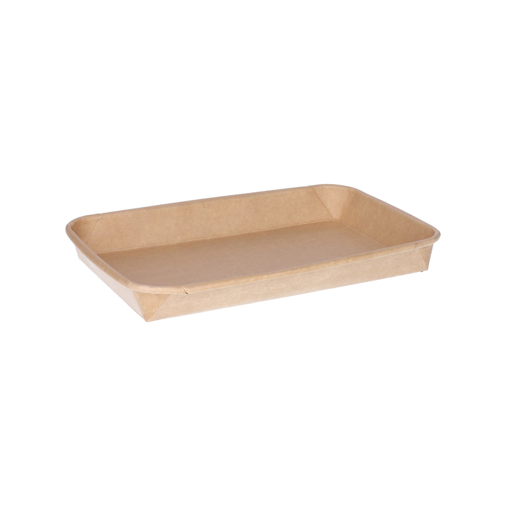 Kraft paper sushi tray HP-07 without lid, three-quarter angle view showing wide shallow rectangular tray interior and natural brown kraft finish on white background