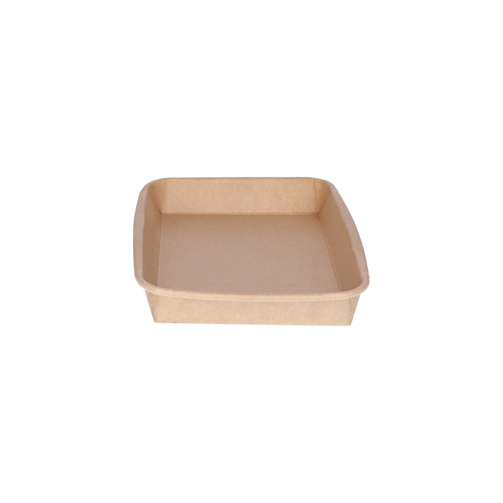 Kraft paper sushi tray HP-07 without lid, three-quarter angle view showing square-format tray interior and natural brown kraft finish