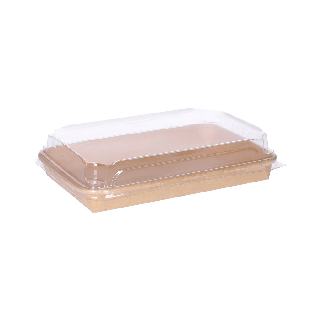 Kraft paper sushi tray HP-07 with clear plastic lid, three-quarter angle view showing kraft tray base and transparent dome lid assembly