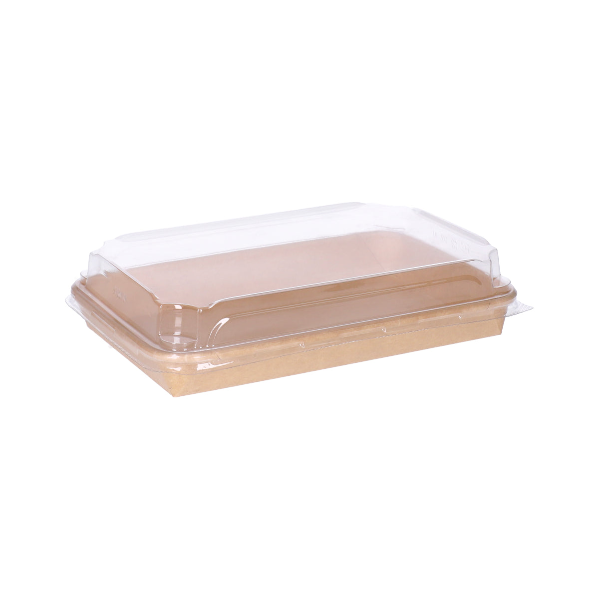 Kraft paper sushi tray HP-07 with clear plastic lid, three-quarter angle view showing kraft tray base and transparent dome lid assembly