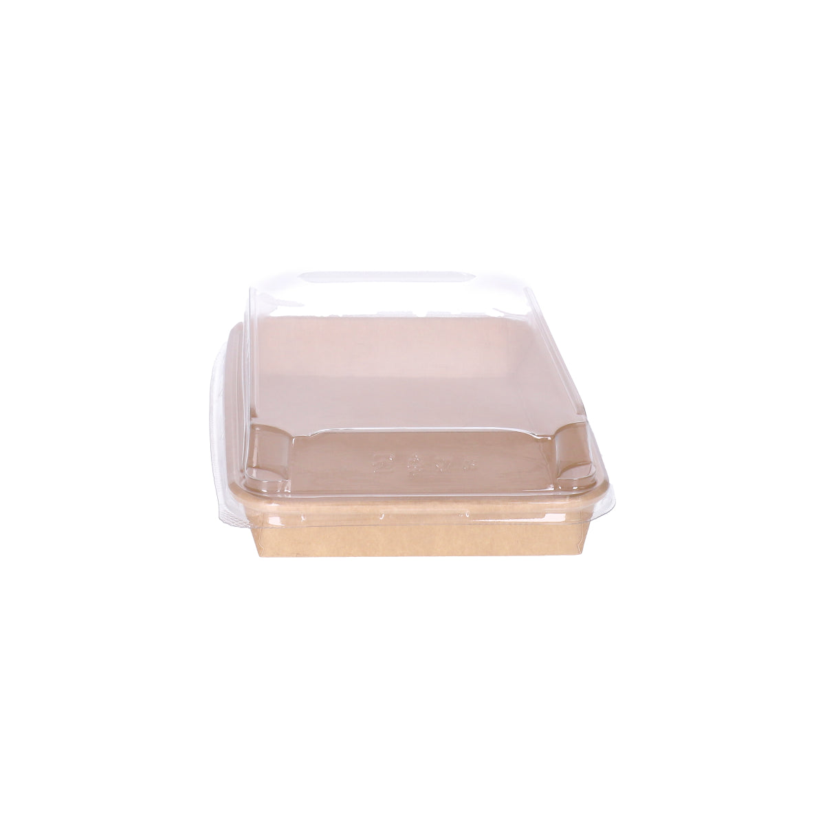 Kraft paper sushi tray HP-07 with clear plastic lid, straight front view showing kraft tray base and transparent lid