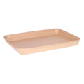 Kraft paper sushi tray HP-09 without lid, three-quarter angle view showing wide shallow rectangular tray interior and natural brown kraft finish on white background