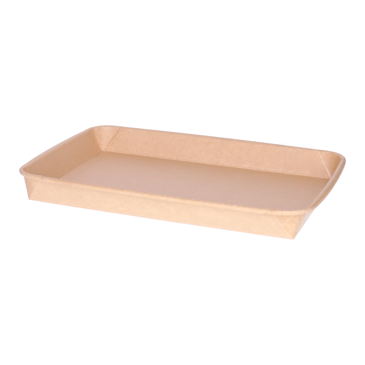 Kraft paper sushi tray HP-09 without lid, straight front view showing long shallow tray interior and kraft paper construction