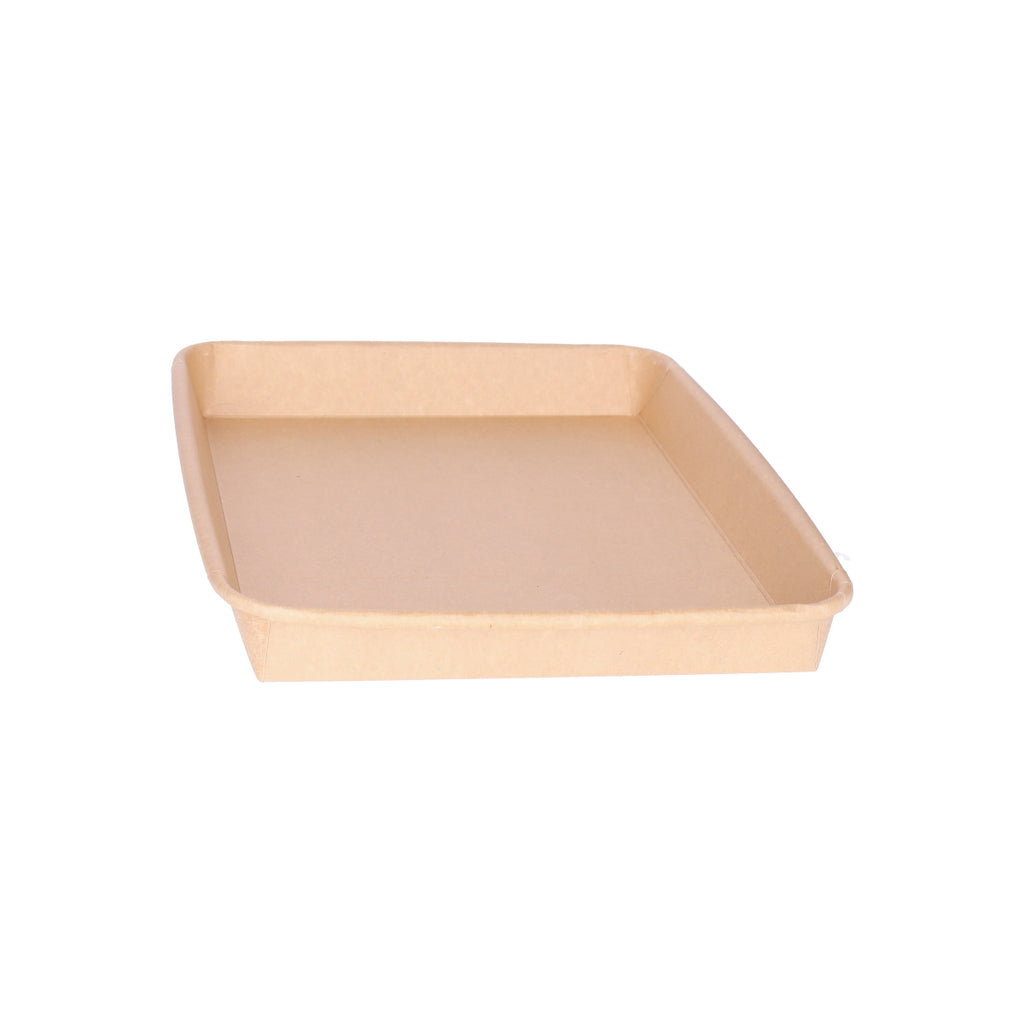 Kraft paper sushi tray HP-09 without lid, three-quarter angle view showing square-format shallow tray interior and natural brown kraft finish