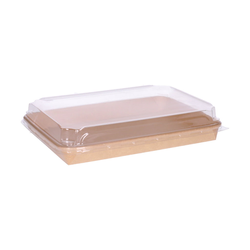 Kraft paper sushi tray HP-09 with clear plastic lid, three-quarter angle view showing kraft tray base and transparent dome lid assembly
