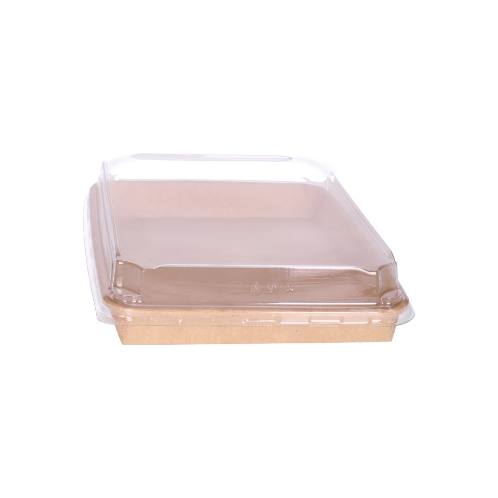 Kraft paper sushi tray HP-09 with clear plastic lid, straight side view showing profile of kraft tray and lid combination