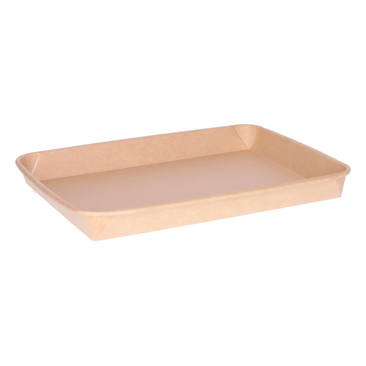 Kraft paper sushi tray HP-11 without lid, straight front view showing long narrow shallow tray interior and kraft paper construction