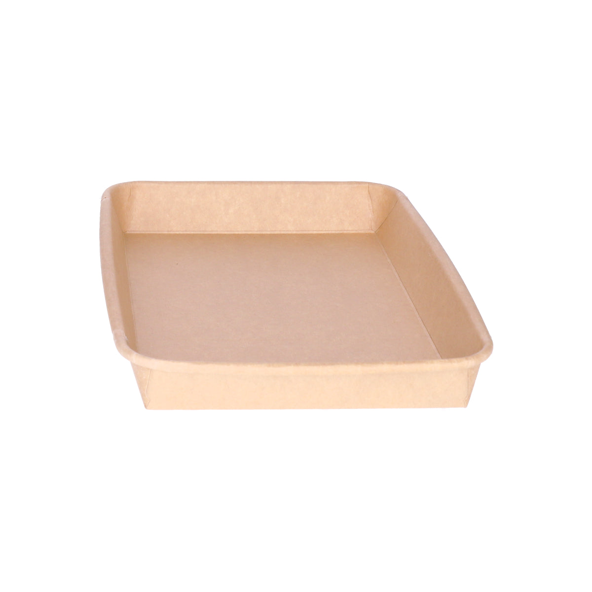 Kraft paper sushi tray HP-11 without lid, three-quarter angle view showing square-format shallow tray interior and natural brown kraft finish