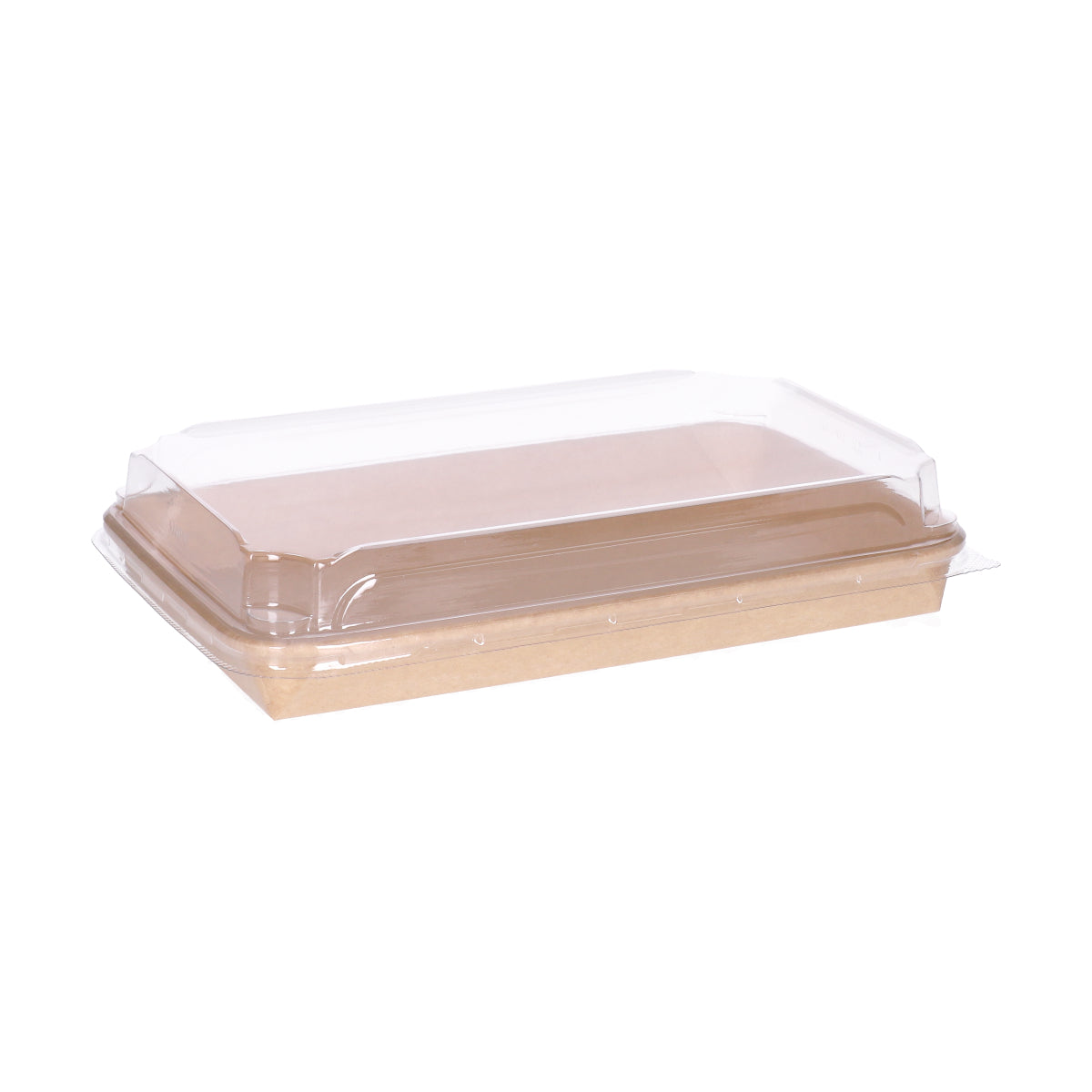 Kraft paper sushi tray HP-11 with clear plastic lid, three-quarter angle view showing kraft tray base and transparent dome lid assembly