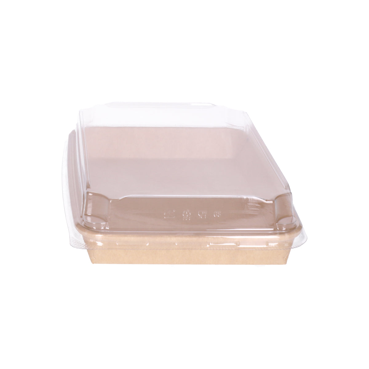 Kraft paper sushi tray HP-11 with clear plastic lid, straight side view showing profile of kraft tray and lid combination