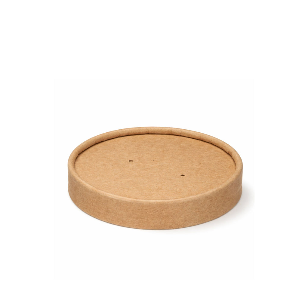 Kraft paper vented lid 118mm for soup bowl container, front product view on white background