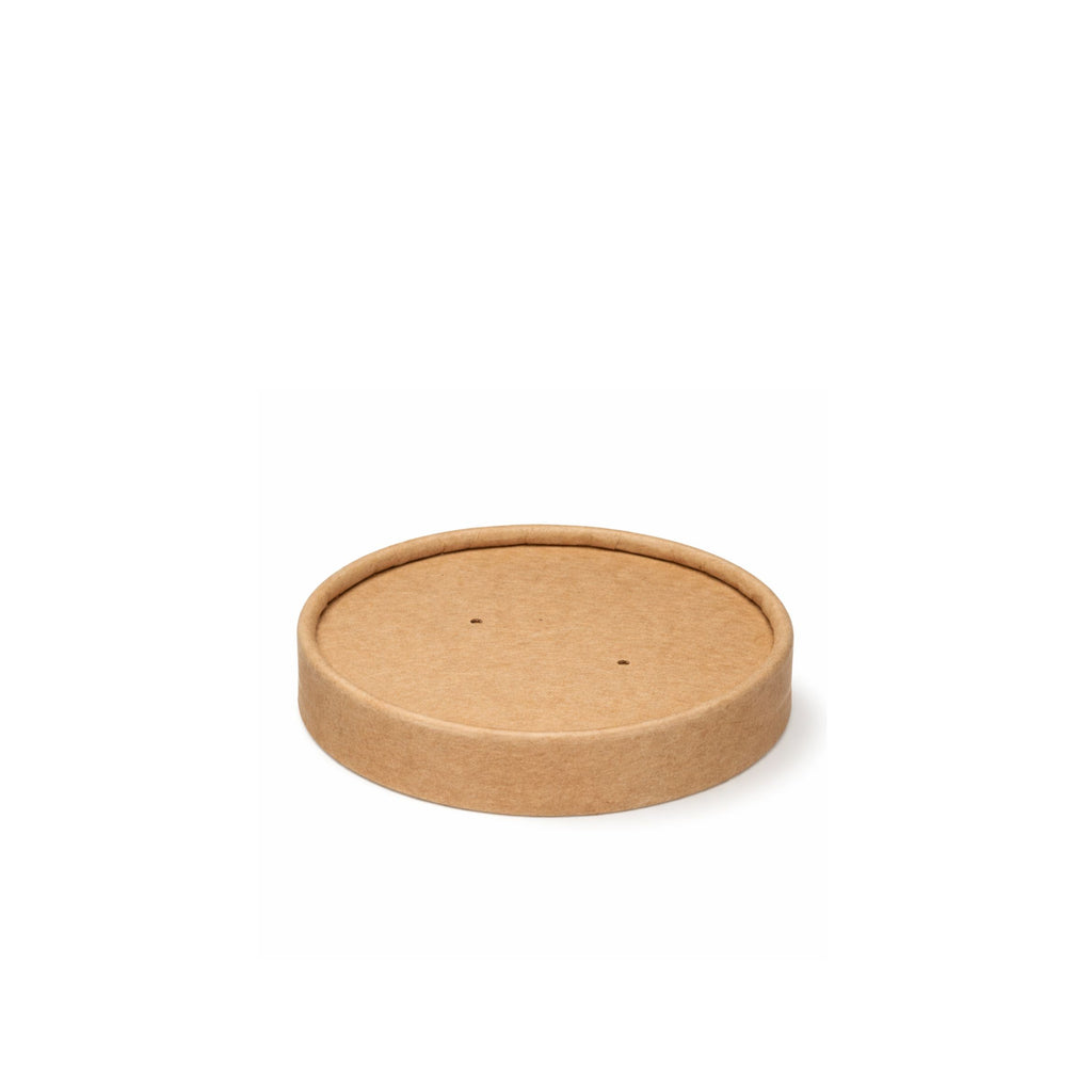 Kraft paper vented lid 90mm for soup bowl container, front product view on white background