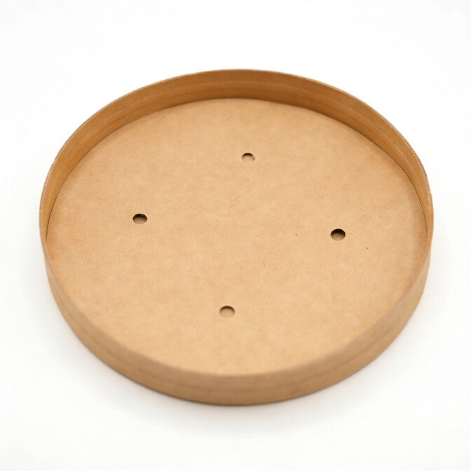 Interior top view of kraft paper vented lid 90mm, showing vent holes and inner kraft paper surface