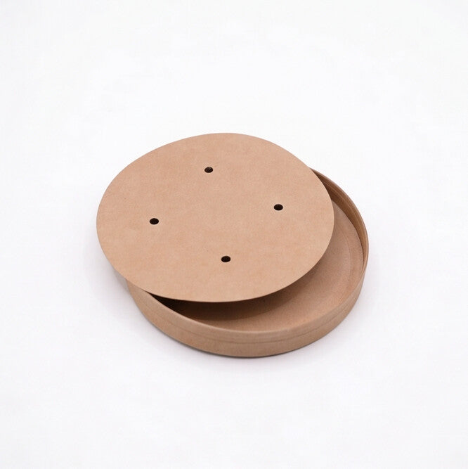 Kraft paper vented lid 98mm shown separated from bowl base, displaying vent holes and snug-fit rim design