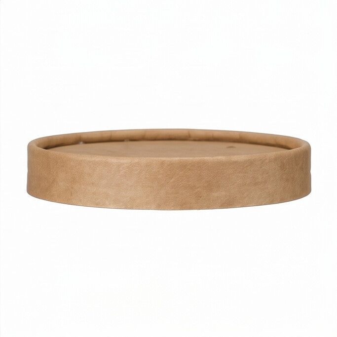 Side profile view of kraft paper vented lid 98mm, showing flat low-profile design for soup containers