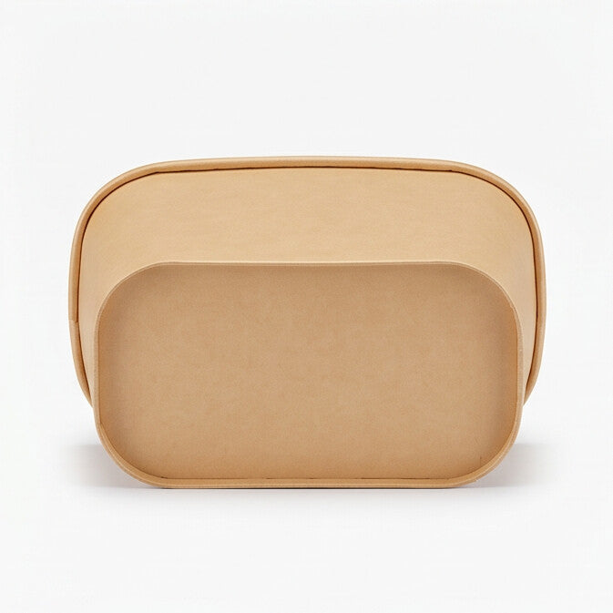 Kraft rectangular paper bowl 1000ml viewed from the front, displaying its straight sidewall, rounded corners and rolled rim.