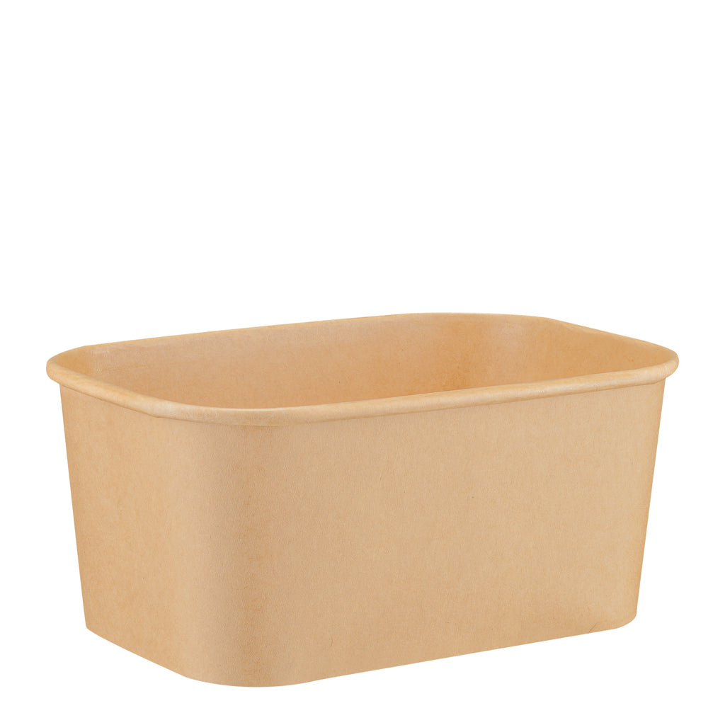 Kraft rectangular paper bowl 1000ml viewed straight from the side, showing the long sidewall, rolled rim and tapered base on a white background.