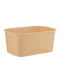 Kraft rectangular paper bowl 1000ml viewed straight from the side, showing the long sidewall, rolled rim and tapered base on a white background.