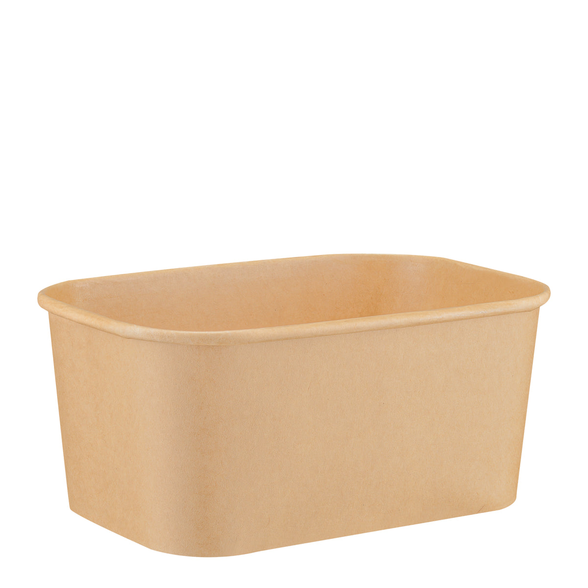 Kraft rectangular paper bowl 1000ml viewed straight from the side, showing the long sidewall, rolled rim and tapered base on a white background.