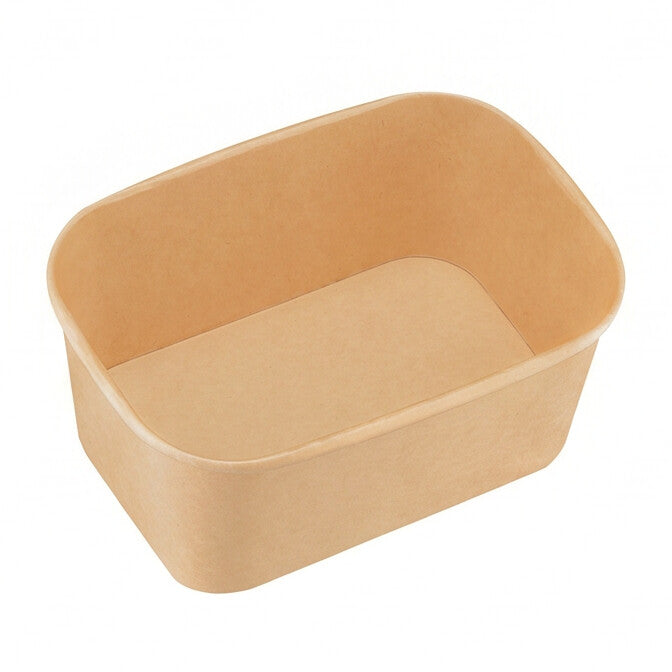 Kraft rectangular paper bowl 1000ml shown at a three-quarter angle, revealing the spacious interior, rounded corners and rolled rim.