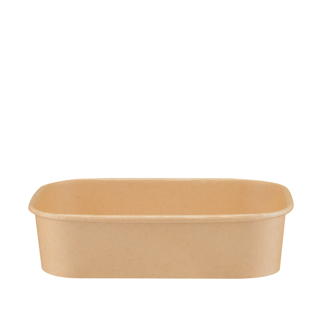 Kraft rectangular paper bowl 500ml viewed from a raised front angle, revealing the interior back wall and clean kraft paper base.
