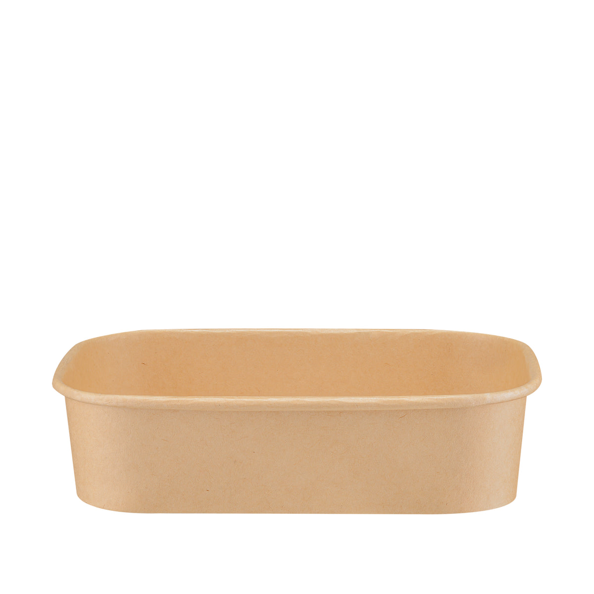 Kraft rectangular paper bowl 500ml viewed from a raised front angle, revealing the interior back wall and clean kraft paper base.