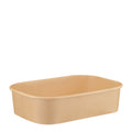 Kraft rectangular paper bowl 500ml viewed straight from the side, showing the long sidewall, rolled rim and tapered base on a white background
