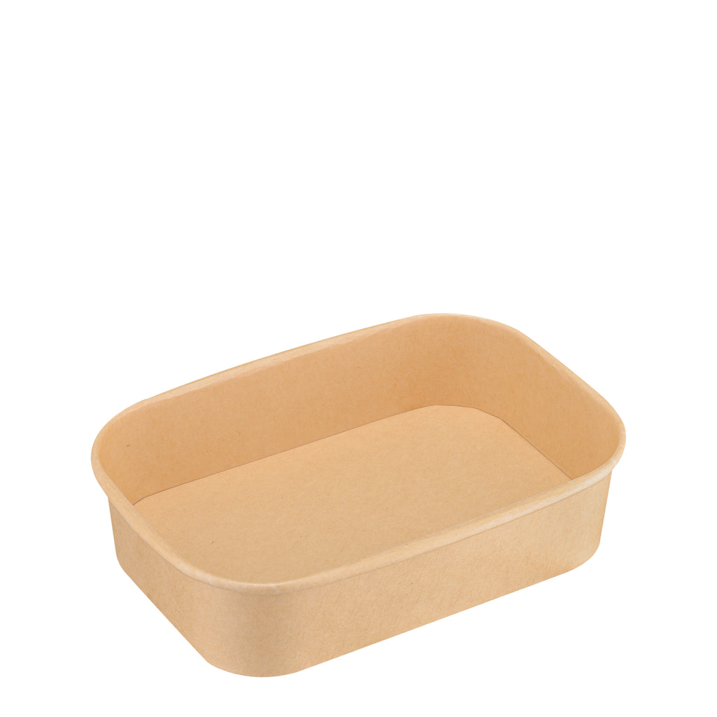 Kraft rectangular paper bowl 500ml at a three-quarter angle, highlighting the rounded corners, depth and rolled rim.