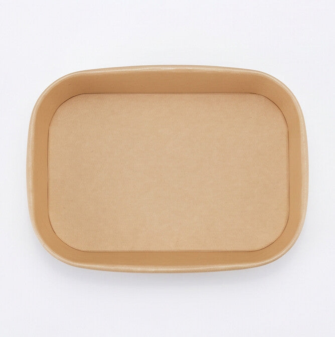 Kraft rectangular paper bowl 500ml viewed from directly above, showing the rounded-corner rectangular opening and clean inner base on a white background.