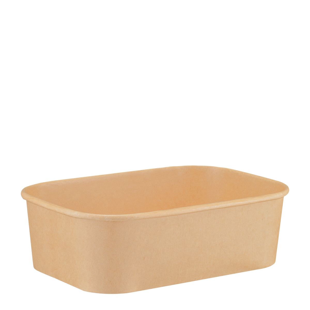 Kraft rectangular paper bowl 650ml shown from the front, displaying the rounded corners, rolled rim and a glimpse of the interior.
