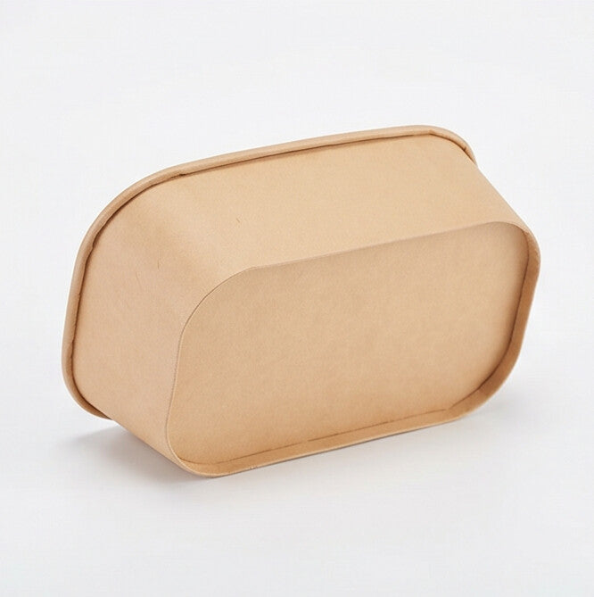 Kraft rectangular paper bowl 650ml viewed from the front, displaying its straight sidewall, rounded corners and rolled rim.