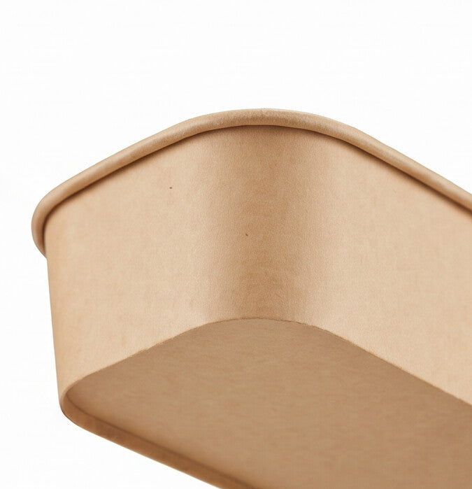 Close-up of the smooth interior wall and base of a kraft rectangular paper bowl 650ml, showing the food-grade paper lining.
