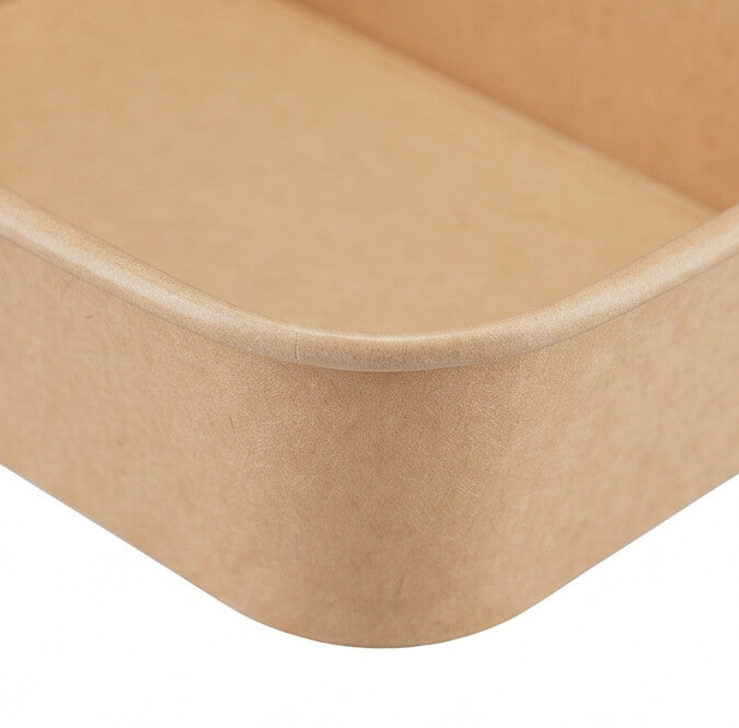 Close-up of the rolled rim and rounded corner of a kraft rectangular paper bowl 650ml, highlighting the textured kraft paper finish.