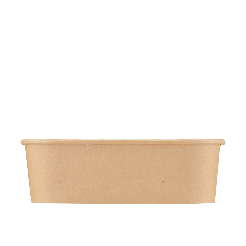 Kraft rectangular paper bowl 650ml viewed straight from the side, showing the long sidewall, rolled rim and tapered base on a white background.