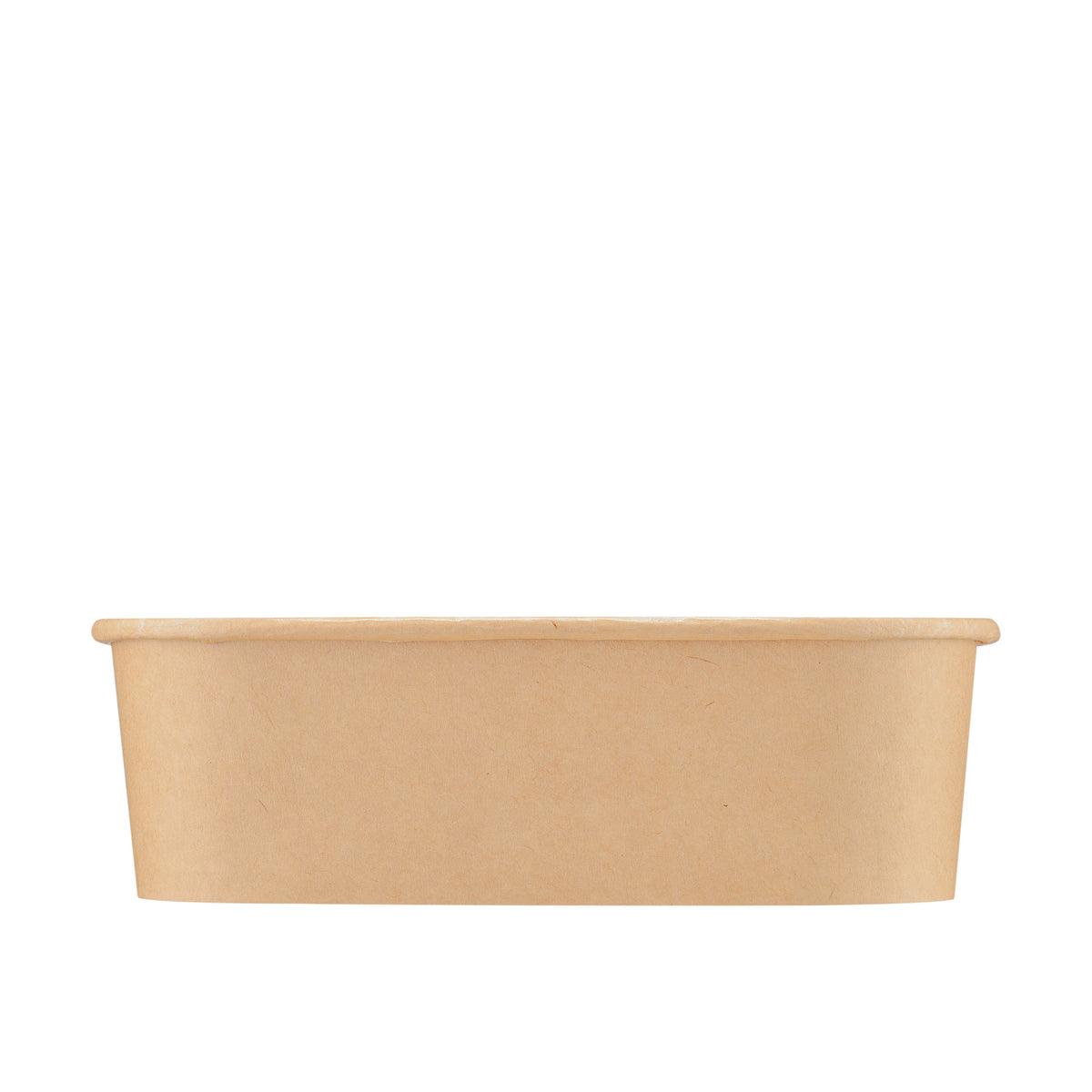Kraft rectangular paper bowl 650ml viewed straight from the side, showing the long sidewall, rolled rim and tapered base on a white background.
