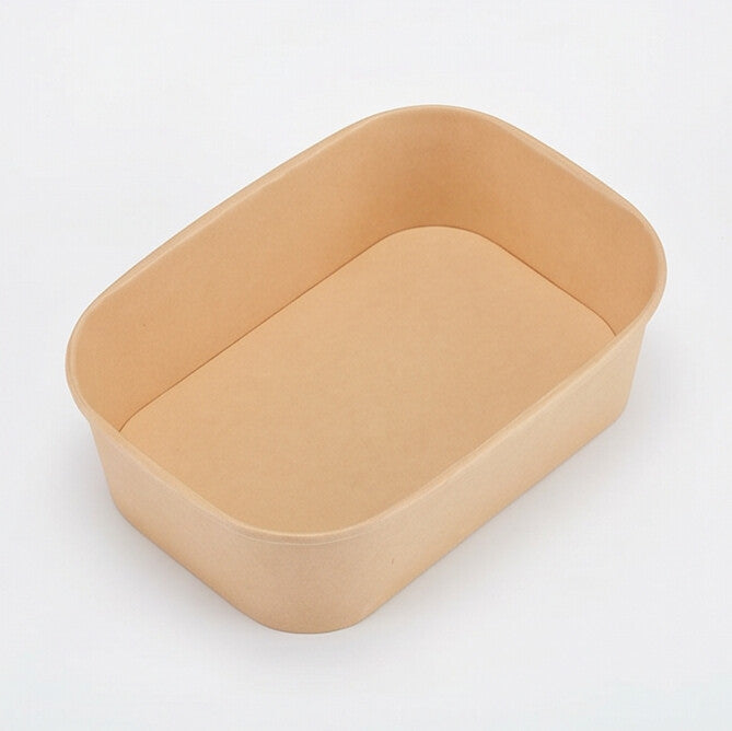 Kraft rectangular paper bowl 650ml shown at a three-quarter angle, revealing the spacious interior, rounded corners and rolled rim.
