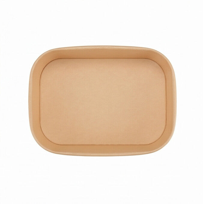 Kraft rectangular paper bowl 650ml viewed from directly above, showing the rounded-corner rectangular opening and clean inner base on a white background.