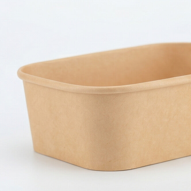 Close-up of the rolled rim and rounded corner of a kraft rectangular paper bowl 750ml, highlighting the textured kraft paper finish.