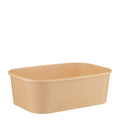 Kraft rectangular paper bowl 750ml viewed straight from the side, showing the long sidewall, rolled rim and tapered base on a white background.
