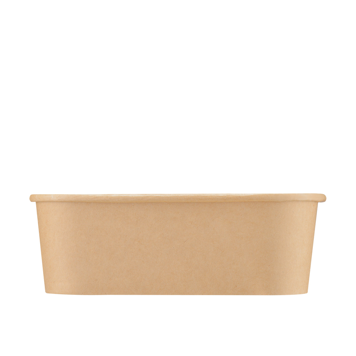 Kraft rectangular paper bowl 750ml viewed straight from the side, showing the long sidewall, rolled rim and tapered base on a white background.