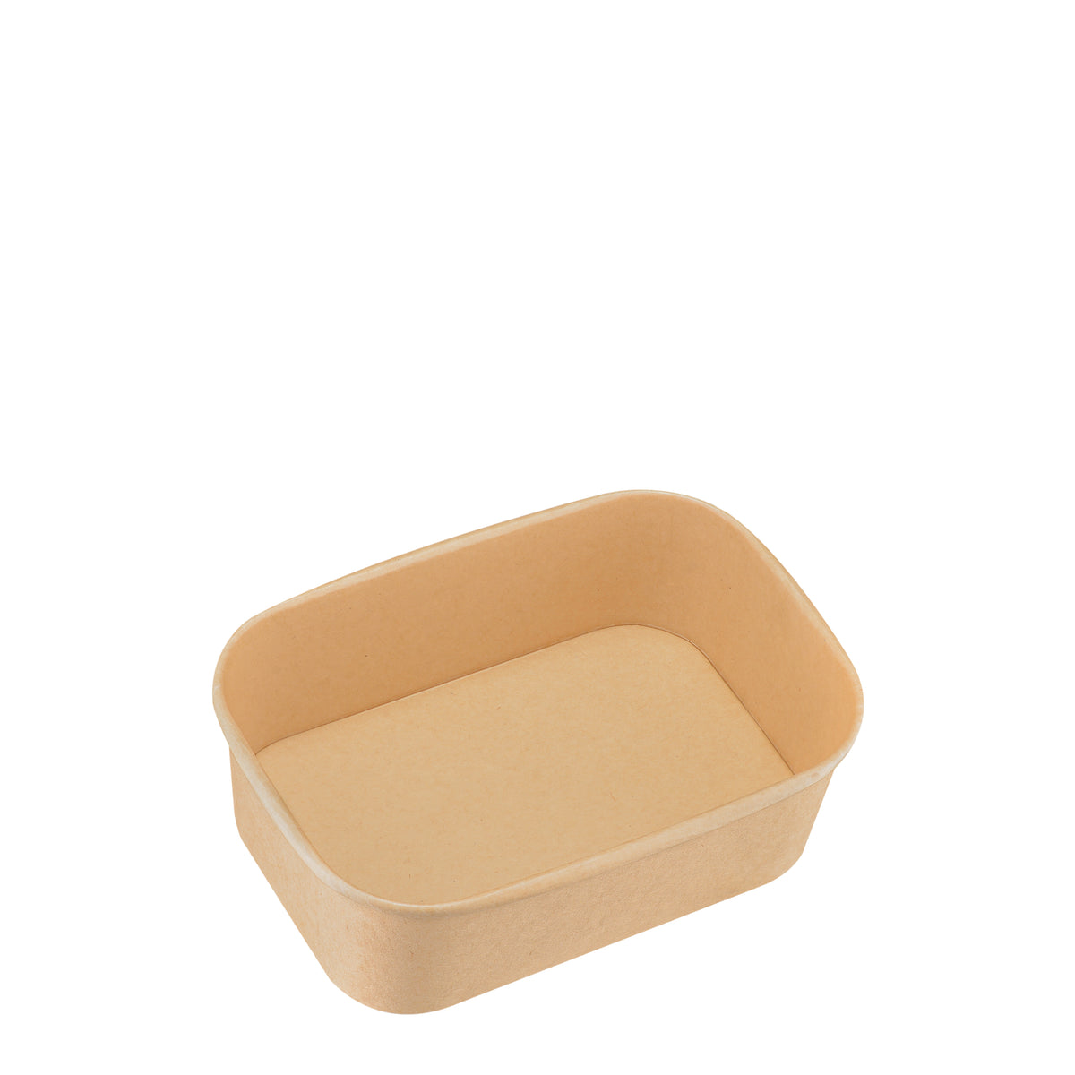 Kraft rectangular paper bowl 750ml at a three-quarter angle, highlighting the rounded corners, depth and rolled rim.