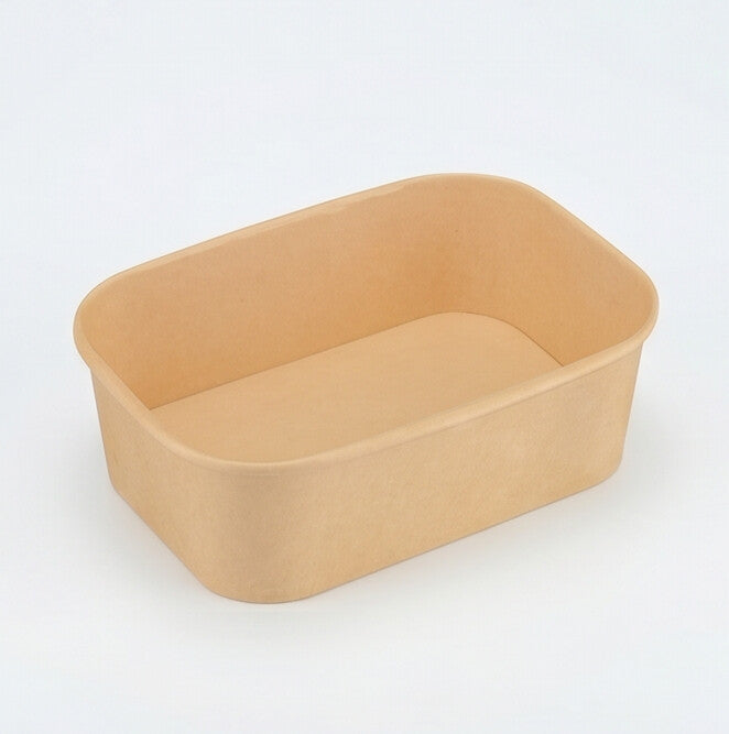 Kraft rectangular paper bowl 750ml shown at a three-quarter angle, revealing the spacious interior, rounded corners and rolled rim.
