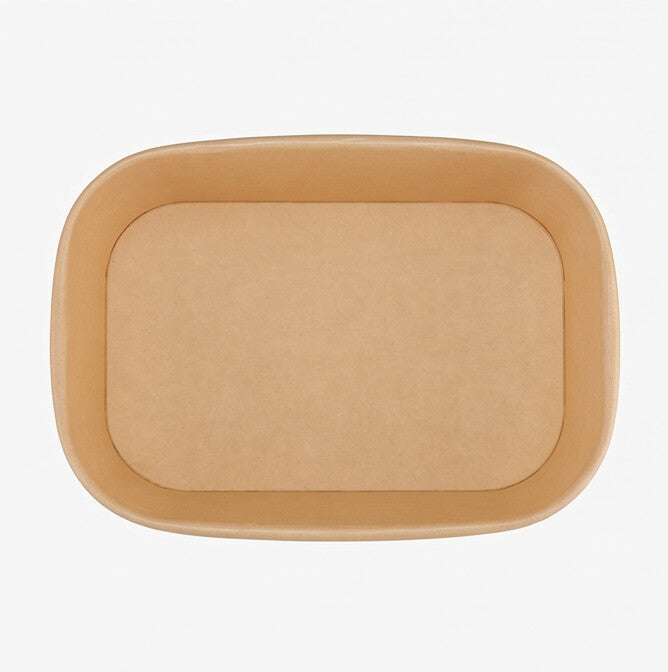 Kraft rectangular paper bowl 750ml viewed from directly above, showing the rounded-corner rectangular opening and clean inner base on a white background.
