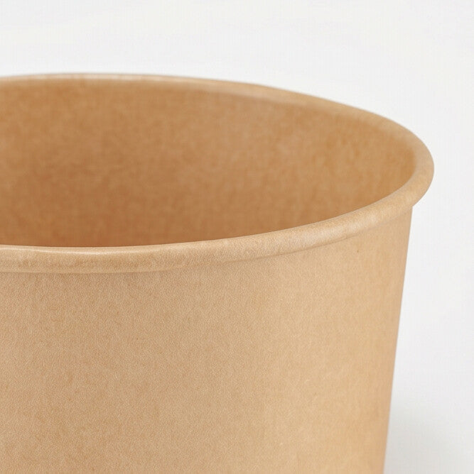 Kraft round paper bowl 1000ml rim detail – close-up of the rolled top rim and inner wall junction, highlighting the quality kraft paper texture and durable construction