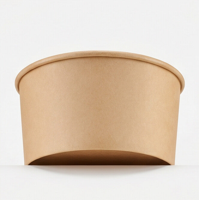 Kraft round paper bowl 1000ml low angle view – eye-level shot emphasising the tall exterior wall and wide body of the natural brown kraft paper bowl, food-safe disposable packaging
