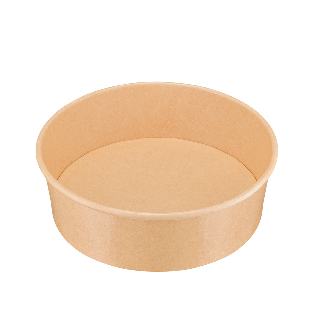 Kraft round paper bowl 1100ml angle view – elevated three-quarter perspective clearly showing the spacious open interior, tall side walls and base, ideal for noodles, soups and large meals