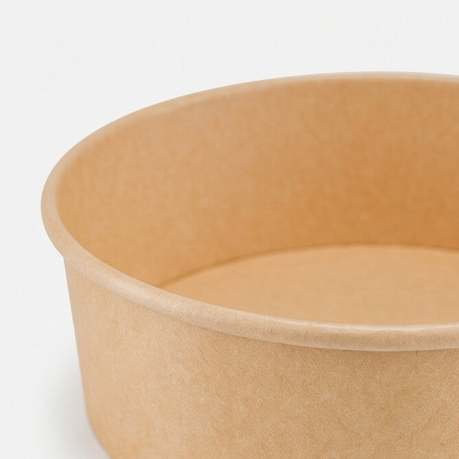 Kraft round paper bowl 1100ml interior rim detail – close-up of the curved inner rim edge and interior wall, showcasing the smooth food-safe kraft paper surface and durable finish