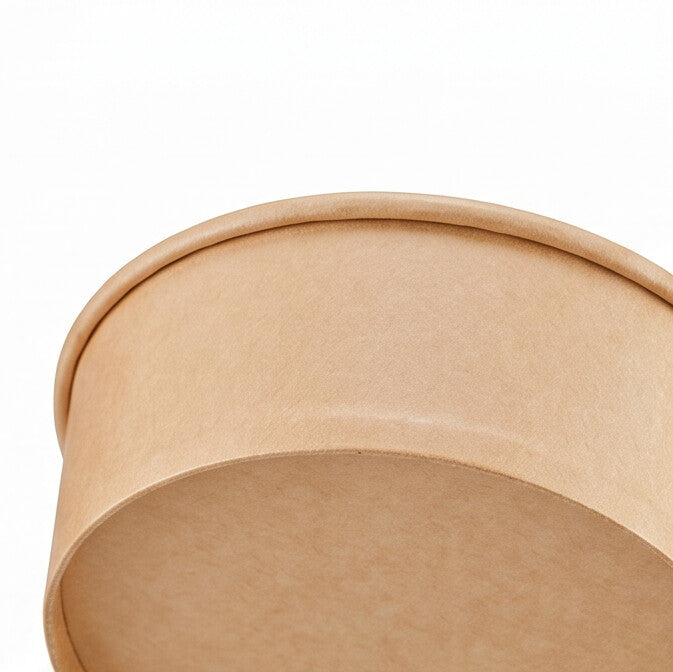 Kraft round paper bowl 1100ml rim detail – close-up of the exterior rolled rim from above, highlighting the precision seam and premium natural kraft paper construction