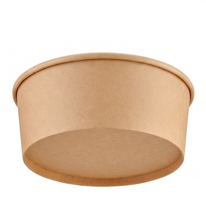 Kraft round paper bowl 1300ml elevated front view – high-angle front shot showing the extra-wide open rim and interior base of the natural kraft paper bowl, 1300ml eco-friendly packaging